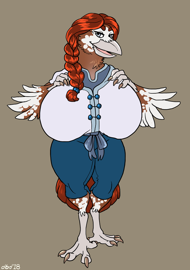 anthro avian beak big_breasts breasts clothed clothing curvaceous dbd feathers female hair huge_breasts hyper hyper_breasts looking_at_viewer open_mouth smile solo