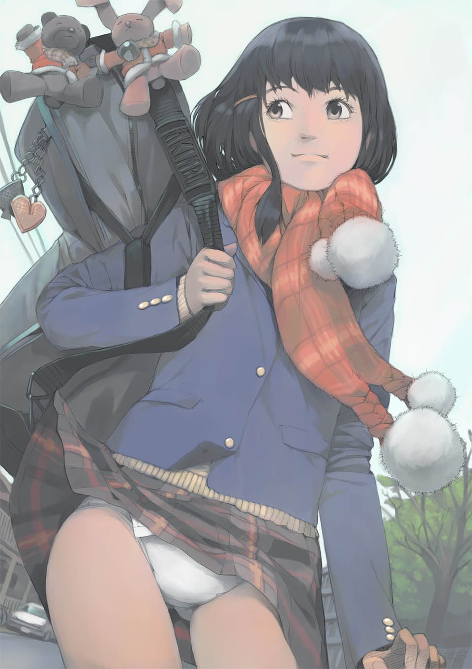 akinbo_(hyouka_fuyou) bad_id bad_pixiv_id black_hair brown_eyes hair_ornament hairclip heart highres jpeg_artifacts long_hair original panties pantyshot plaid plaid_scarf scarf short_hair smile solo spade_(shape) stuffed_animal stuffed_bunny stuffed_toy teddy_bear underwear white_panties