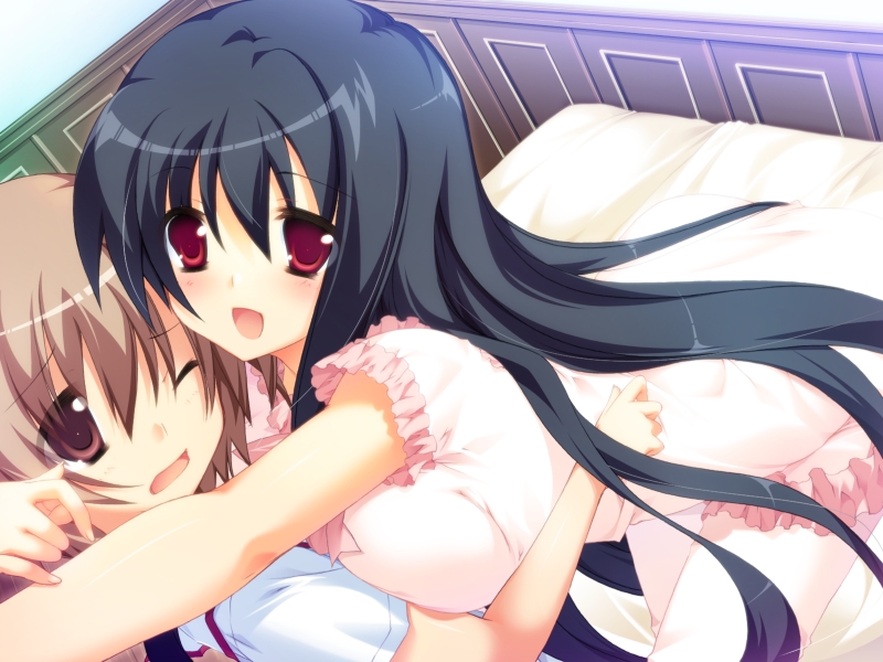 bed black_hair brown_eyes brown_hair copyright_request couple dutch_angle gotou_nao hug multiple_girls one_eye_closed pink_eyes yuri