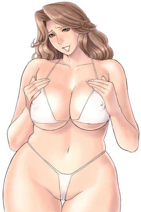 big_breasts bikini bra breast_hold breast_squeeze breasts brown_eyes brown_hair cleavage curvy erect_nipples female happy hips large_breasts lingerie long_hair milf nipples open_mouth panties simple_background smile solo standing swimsuit takasugi_kou tight tight_clothes too_small undersized_clothes underwear wavy_hair white_background white_bra wide_hips