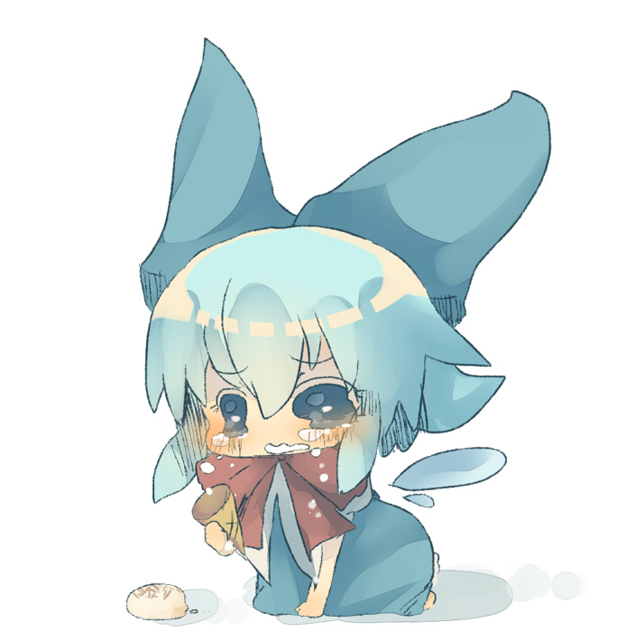 bad_id bad_pixiv_id blue_dress blue_eyes blue_hair blush bow chibi cirno crying crying_with_eyes_open dress fallen_down food hair_bow hat ice_cream ice_cream_cone ice_cream_cone_spill kneeling large_bow masirosu on_floor open_mouth sad short_hair simple_background solo spill tears touhou wavy_mouth wings