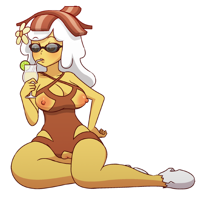 1girl adventure_time breakfast_princess breasts drink mike_inel nude pussy sunglasses white_hair yellow_skin