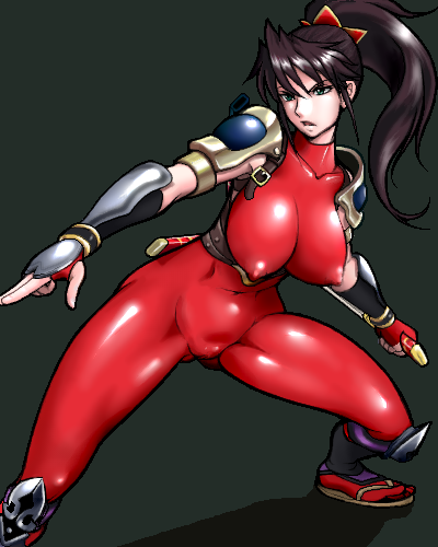 bad_id bad_pixiv_id bodysuit breasts brown_hair collarbone covered_nipples fighting_stance fingerless_gloves fjt_(fjym2) gloves green_eyes groin large_breasts lowres navel nipples ponytail puffy_nipples red_gloves sandals skin_tight solo soulcalibur taki_(soulcalibur) thighs weapon