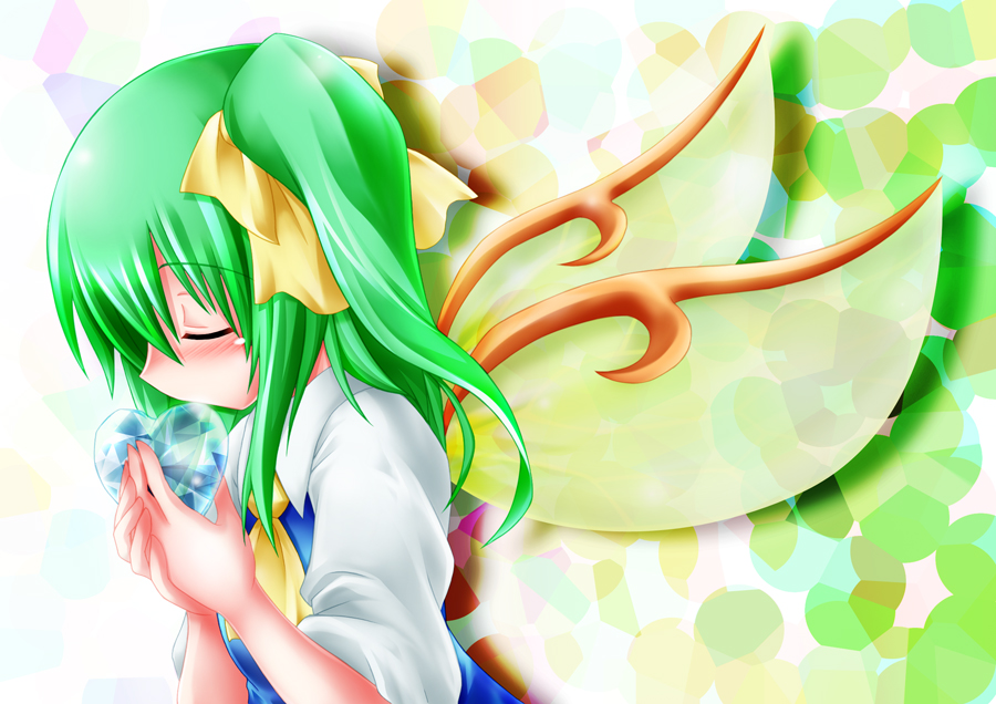 bad_id bad_pixiv_id closed_eyes daiyousei green_hair heart ice ice_sculpture kemoyuri side_ponytail solo tears touhou wings