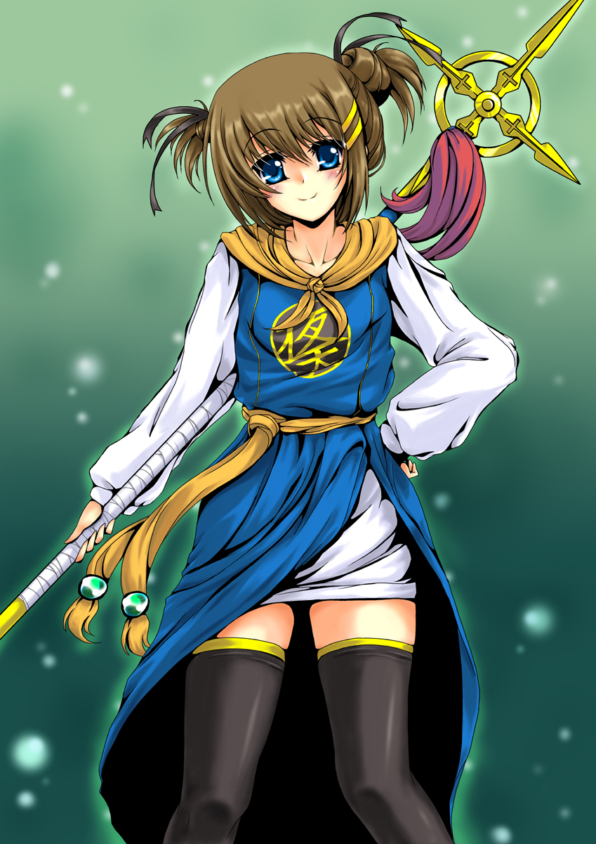 blue_eyes brown_hair colorized cosplay cross dragon_quest dragon_quest_iii fighter_(dq3) fighter_(dq3)_(cosplay) frapowa hair_ribbon highres lyrical_nanoha mahou_shoujo_lyrical_nanoha_strikers ribbon san-pon schwertkreuz short_hair short_twintails smile solo staff thighhighs twintails yagami_hayate zettai_ryouiki