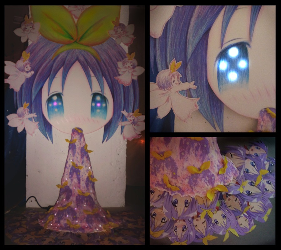 blue_eyes bow commentary hair_bow hiiragi_tsukasa leica lucky_star papercraft photo purple_hair still_life vomit what wings