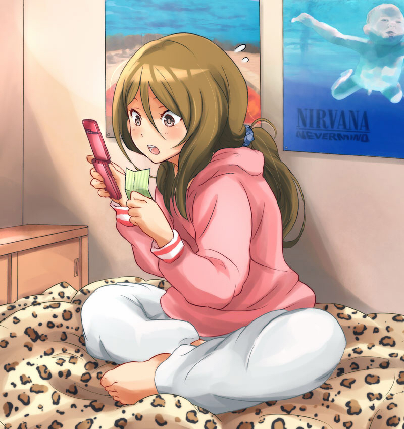 animal_print barefoot bed brown_eyes brown_hair casual cellphone commentary extra hood hoodie k-on! leopard_print long_hair nevermind nirvana_(band) pants penis phone ponytail red_hot_chili_peppers sakayama_shinta solo sweatpants tachibana_himeko