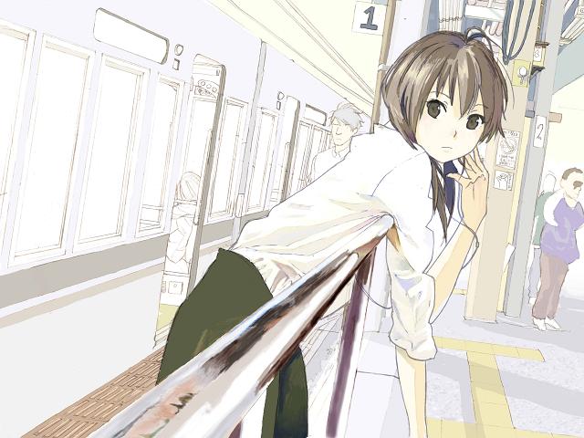 bad_id bad_pixiv_id brown_eyes brown_hair ground_vehicle long_hair original railing shuku solo train train_station