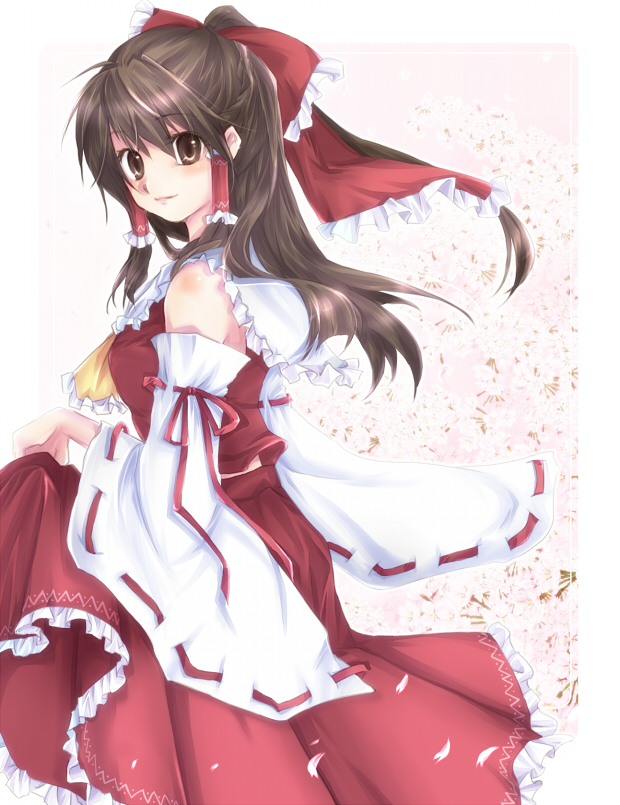 bad_id bad_pixiv_id bow brown_hair detached_sleeves hair_bow hakurei_reimu long_hair saya_(chocolate_capsule) solo touhou