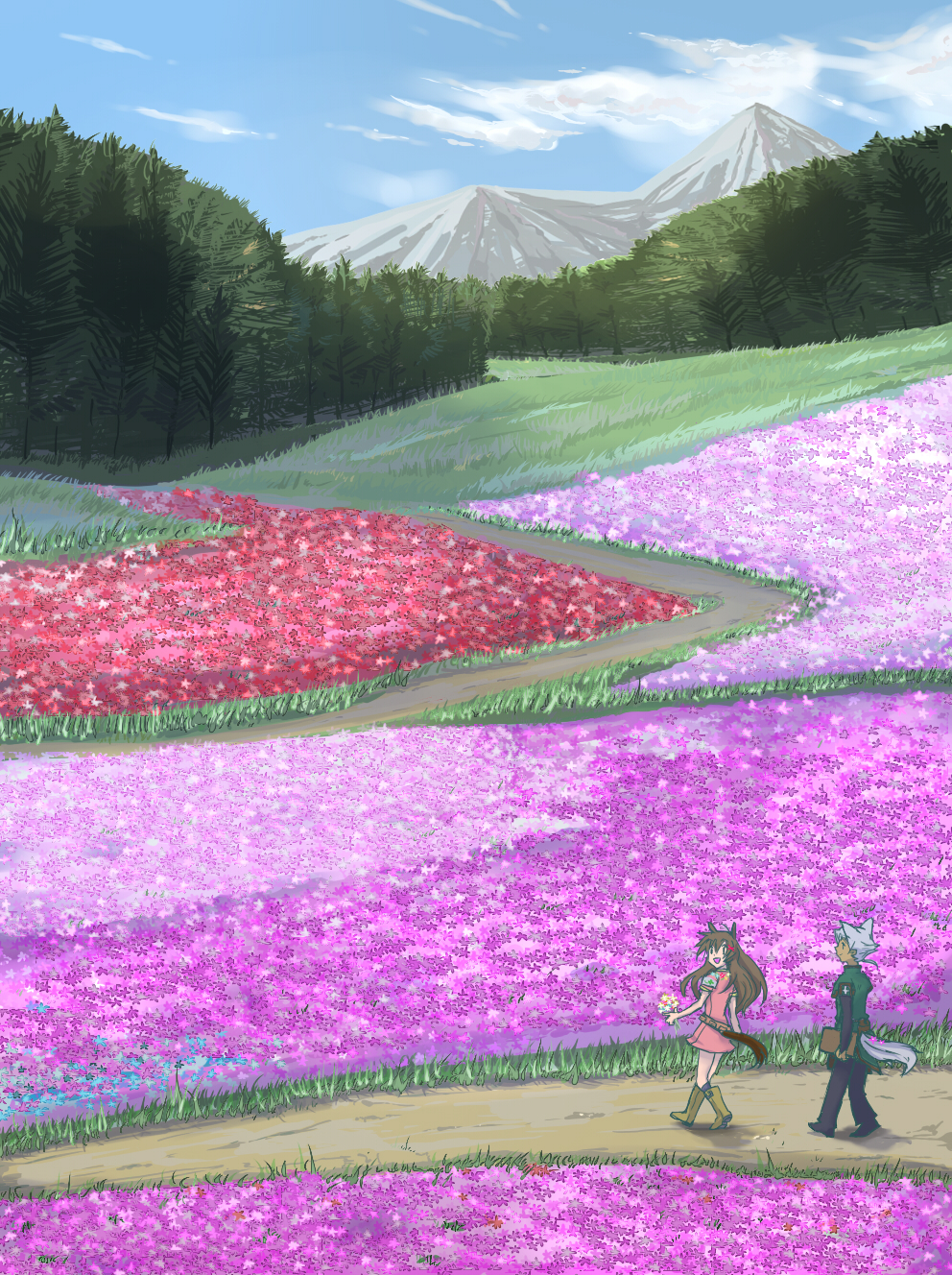 1girl animal_ears bad_id bad_pixiv_id boots cloud day field flower flower_field forest forest_of_pixiv grass highres katagiri mountain nature path road scenery sky smile tail tree walking