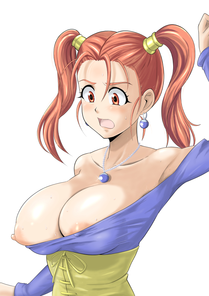 1girl areola_slip areolae breasts dragon_quest dragon_quest_viii earring jessica_albert jewelry large_breasts necklace nipple_slip nipples surprised twintails wardrobe_malfunction white_background