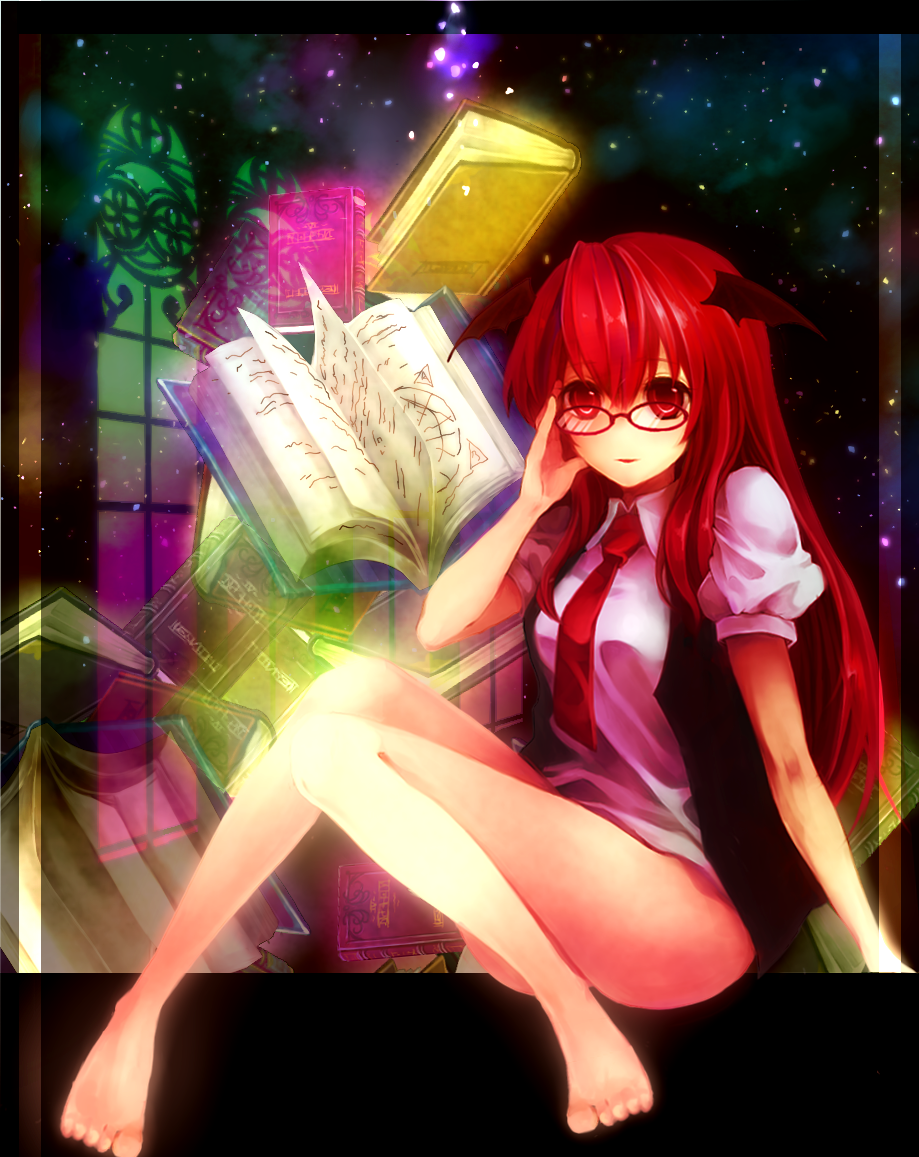 bad_id bad_pixiv_id barefoot bat_wings bespectacled book bottomless glasses head_wings koakuma legs long_hair matsupi necktie red_eyes red_hair solo touhou vest wings
