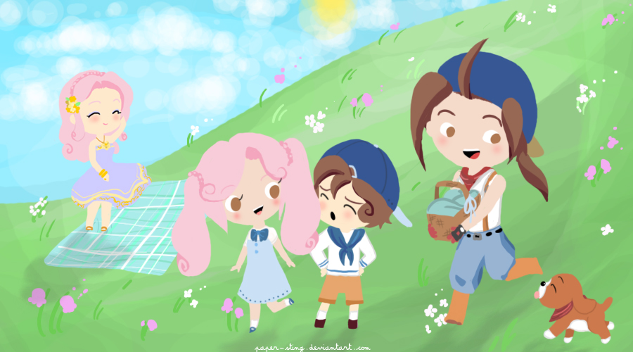 2boys 2girls brown_eyes brown_hair child dog harvest_moon if_they_mated jack_(harvest_moon) lyla_(harvest_moon) paper-sting pink_hair tagme twintails
