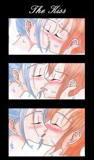 blue_hair blush kiss kissing nami nami_(one_piece) nefertari_vivi one_piece orange_hair sweat tongue vivi yuri