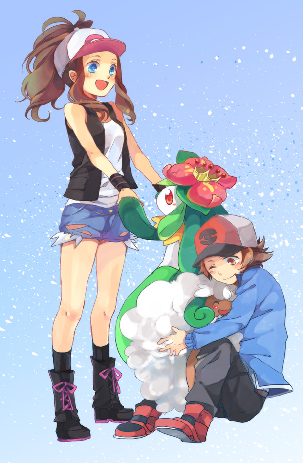 1girl bad_id bad_pixiv_id bare_shoulders baseball_cap blue_eyes brown_eyes brown_hair denim denim_shorts gen_5_pokemon hat hug jacket legs lilligant one_eye_closed pokemon pokemon_(creature) pokemon_(game) pokemon_bw ponytail s-kura shorts touko_(pokemon) touya_(pokemon) vest whimsicott