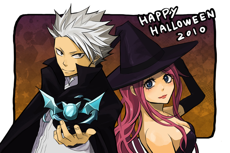 1girl 2010 bad_id bad_pixiv_id bare_shoulders bat blue_eyes breasts cape cleavage elbow_gloves english fairy_tail ginger_(niningasi) gloves halloween happy_halloween hat ice large_breasts lipstick long_hair looking_back lyon_bastia magic makeup pink_hair sherry_blendi spiked_hair white_hair witch_hat