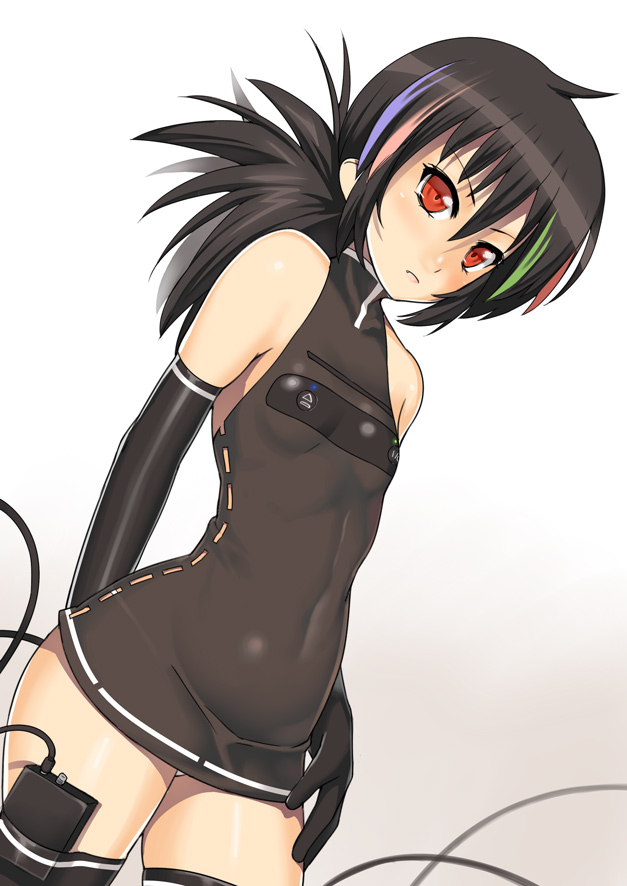 bad_id bad_pixiv_id bare_shoulders black_hair black_legwear dress elbow_gloves game_console gloves halterneck long_hair multicolored_hair nagase_haruhito personification playstation_3 ps3-tan red_eyes skin_tight skirt solo sony thighhighs zettai_ryouiki