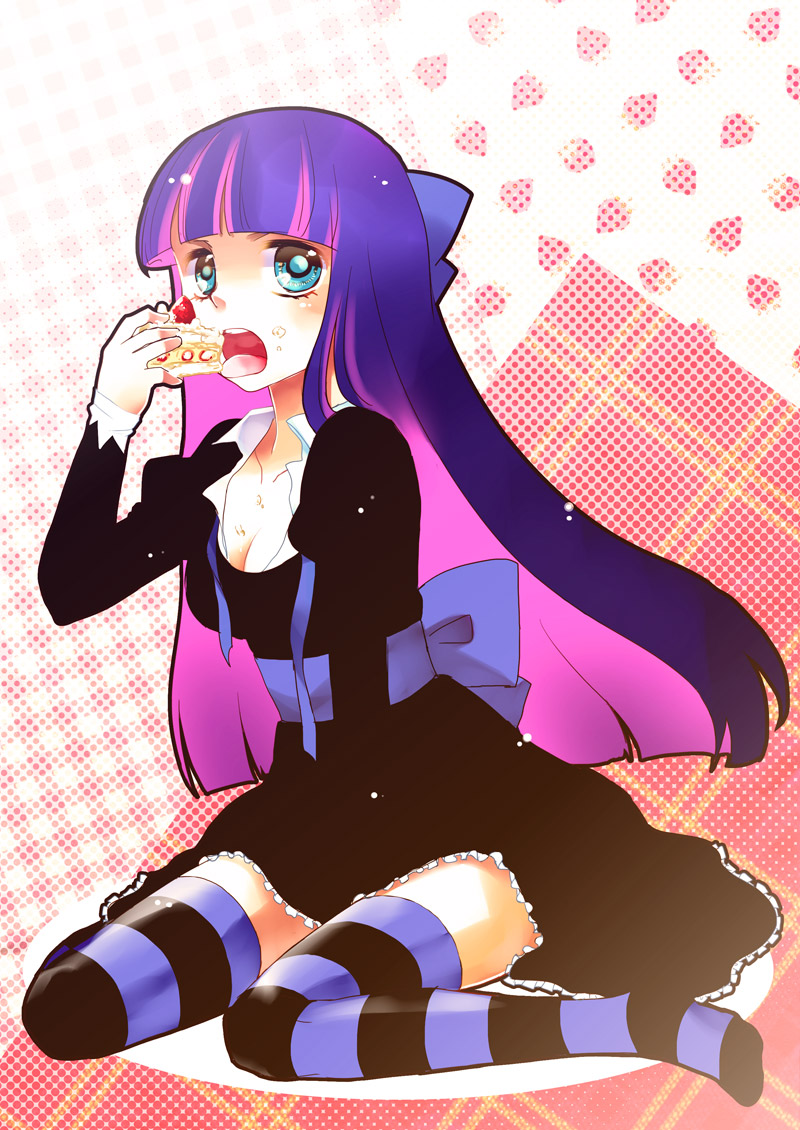 blue_eyes blue_hair bow breasts cake cleavage food hair_bow medium_breasts mochizuki_mina multicolored_hair open_mouth panty_&amp;_stocking_with_garterbelt pink_hair ribbon sitting solo stocking_(psg) striped striped_legwear thighhighs tongue two-tone_hair untied wariza