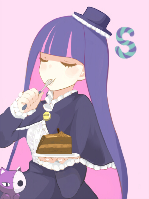 amewarashi-1 bad_id bad_pixiv_id blue_eyes cake closed_eyes eating food fork gothic gothic_lolita hat honekoneko_(psg) lolita_fashion long_hair male_focus multicolored_hair panty_&amp;_stocking_with_garterbelt solo stocking_(psg) two-tone_hair