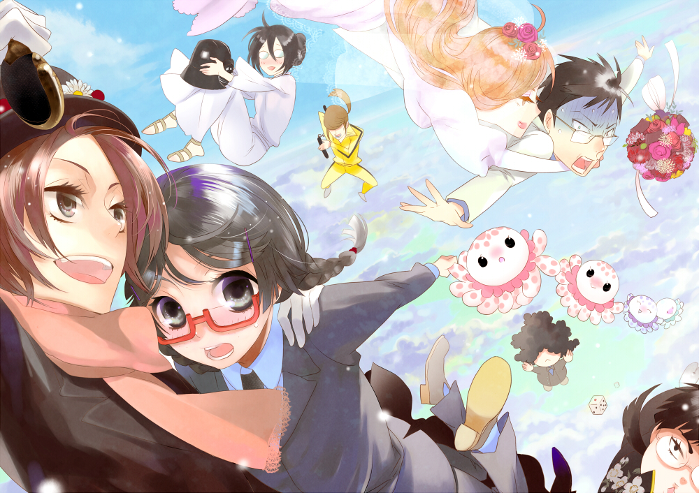 6+girls banba_(kuragahime) black_eyes black_hair blush bouquet braid bridal_veil brown_eyes brown_hair bruce_lee chieko_(kuragehime) clara_(kuragehime) close_encounters_of_the_third_kind cosplay darth_vader day dice dress falling flower flying formal glasses holding_hands hug hug_from_behind inari_shouko james_bond jellyfish jiji_(kuragehime) kill_bill koibuchi_kuranosuke koibuchi_shuu kuragehime kurashita_tsukimi l_araignee_souriante long_hair mary_poppins mayaya multiple_boys multiple_girls nunchaku open_mouth otoko_no_ko parody princess_leia_organa_solo scared scarf short_hair singin'_in_the_rain sky smile star_wars suit the_graduate tuxedo twin_braids veil weapon wedding_dress