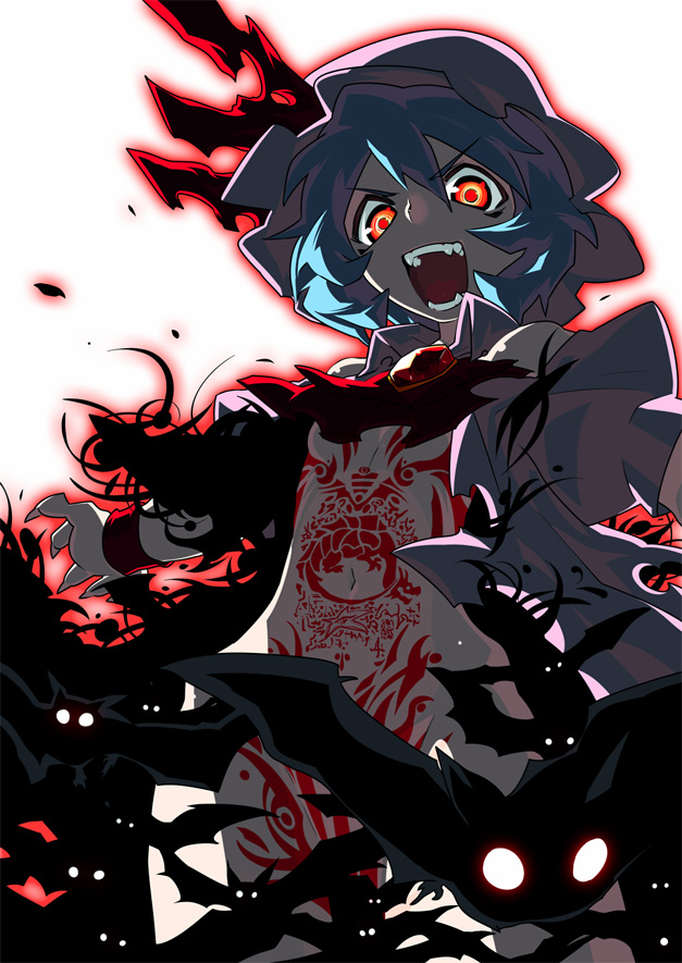 ascot bad_id bad_pixiv_id bat blue_hair censored convenient_censoring crazy_eyes face fangs flat_chest glowing glowing_eyes hat markings nude red_eyes remilia_scarlet short_hair solo tattoo touhou tsuru_(clainman)