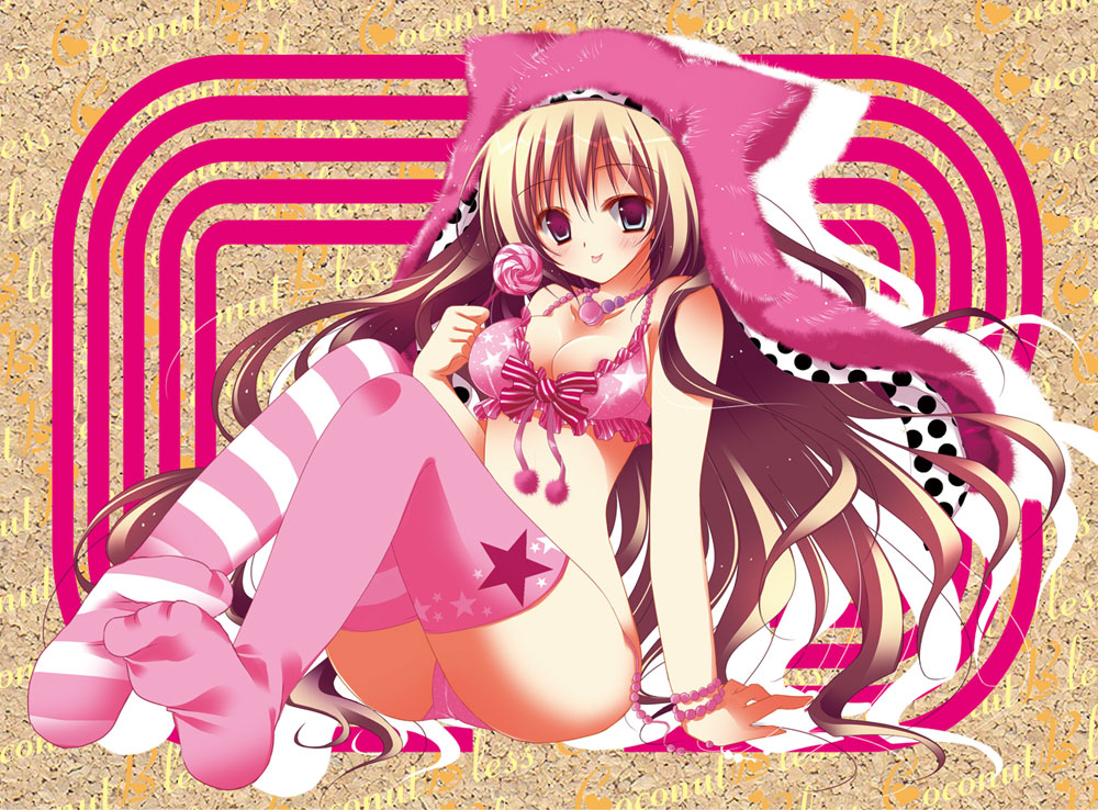 :p arm_support blonde_hair blush bra bracelet breasts candy cleavage food front-tie_top green_eyes hat jewelry legs lingerie lollipop long_hair medium_breasts mismatched_legwear natsuki_coco original pink_bra pink_legwear solo star star_print striped striped_legwear swirl_lollipop thighhighs tongue tongue_out underwear