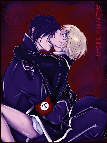 alois_trancy black_hair blonde_hair claude_faustus hug kuroshitsuji male male_focus nazi translated yaoi