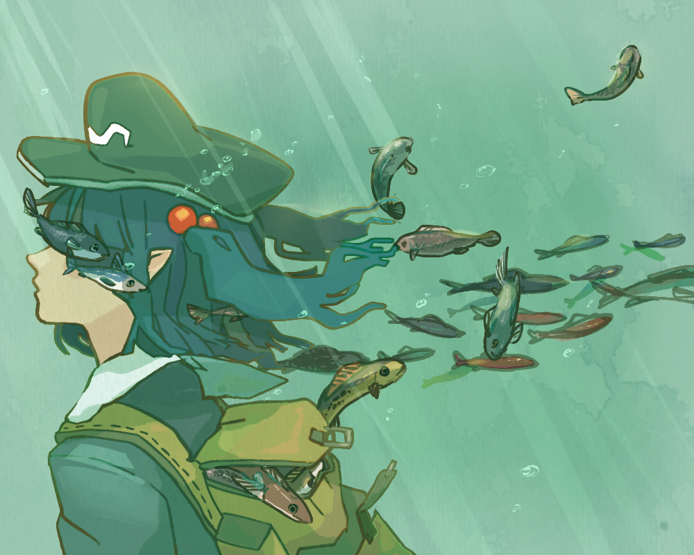 backpack bag blue_hair bubble fish hachimillion hair_bobbles hair_ornament hat kawashiro_nitori light_rays pointy_ears short_hair solo sunbeam sunlight touhou twintails two_side_up underwater