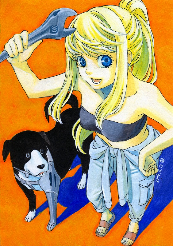 1girl animal bare_shoulders blonde_hair blue_eyes breasts den_(fma) den_(fullmetal_alchemist) dog earrings feet female from_above fullmetal_alchemist hand_on_hip hips jewelry long_hair looking_at_viewer open_mouth pet ponytail prosthesis sandals shadiw simple_background smile standing tail toes tubetop winry_rockbell wrench