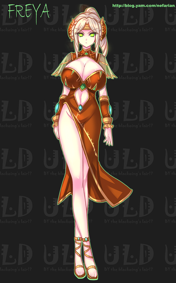 blonde_hair breasts covered_nipples double_bun dress drill_hair freya_(warcraft) green_eyes huge_breasts jewelry legs nefarian no_panties personification ponytail sandals slender_waist solo tiara warcraft world_of_warcraft wristband