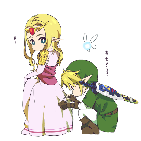 1girl bad_id bad_pixiv_id blonde_hair blue_eyes gloves hat holding_needle link navi needle otton pointy_ears princess_zelda sewing shield sword the_legend_of_zelda the_legend_of_zelda:_ocarina_of_time tiara translated weapon