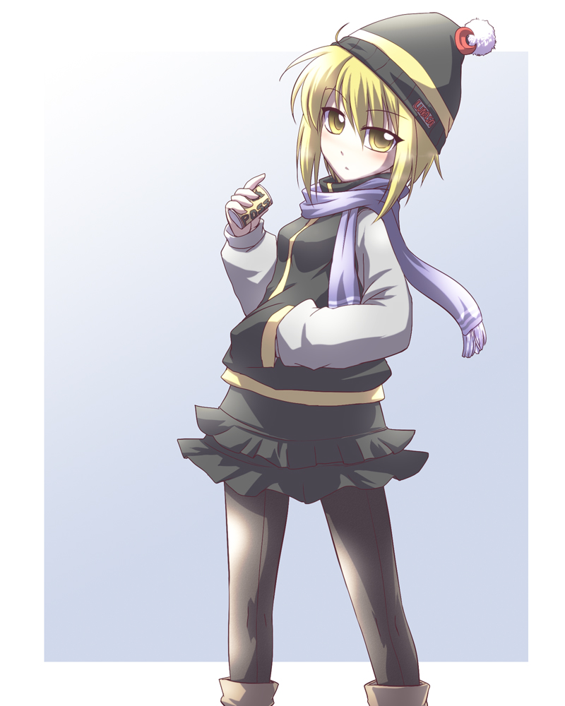 alternate_costume beanie black_legwear blonde_hair can coffee contemporary hand_in_pocket hat looking_back lunasa_prismriver pantyhose product_placement scarf short_hair solo touhou yellow_eyes yoshi_tama
