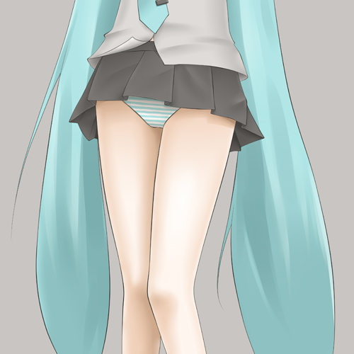 6v6 hatsune_miku legs long_hair lowres necktie panties skirt solo striped striped_panties twintails underwear upskirt very_long_hair vocaloid