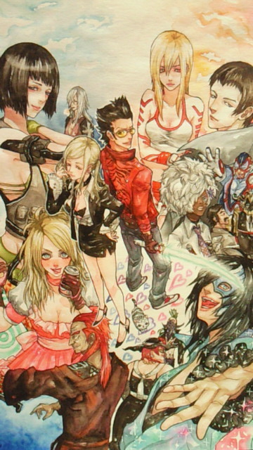 6+boys :d bad_girl bangs blunt_bangs breasts cleavage closed_eyes collarbone death_metal destroyman dr._peace dress everyone harvey_moiseiwitsch_volodarskii headpiece helter_skelter henry_cooldown holly_summers jeane_(cat) jeane_(nmh) large_breasts letz_shake medium_breasts morito_leaf9 multiple_boys multiple_girls no_more_heroes open_mouth red_dress shinobu_jacobs short_hair silver_hair smile speed_buster sylvia_christel traditional_media travis_touchdown upper_body