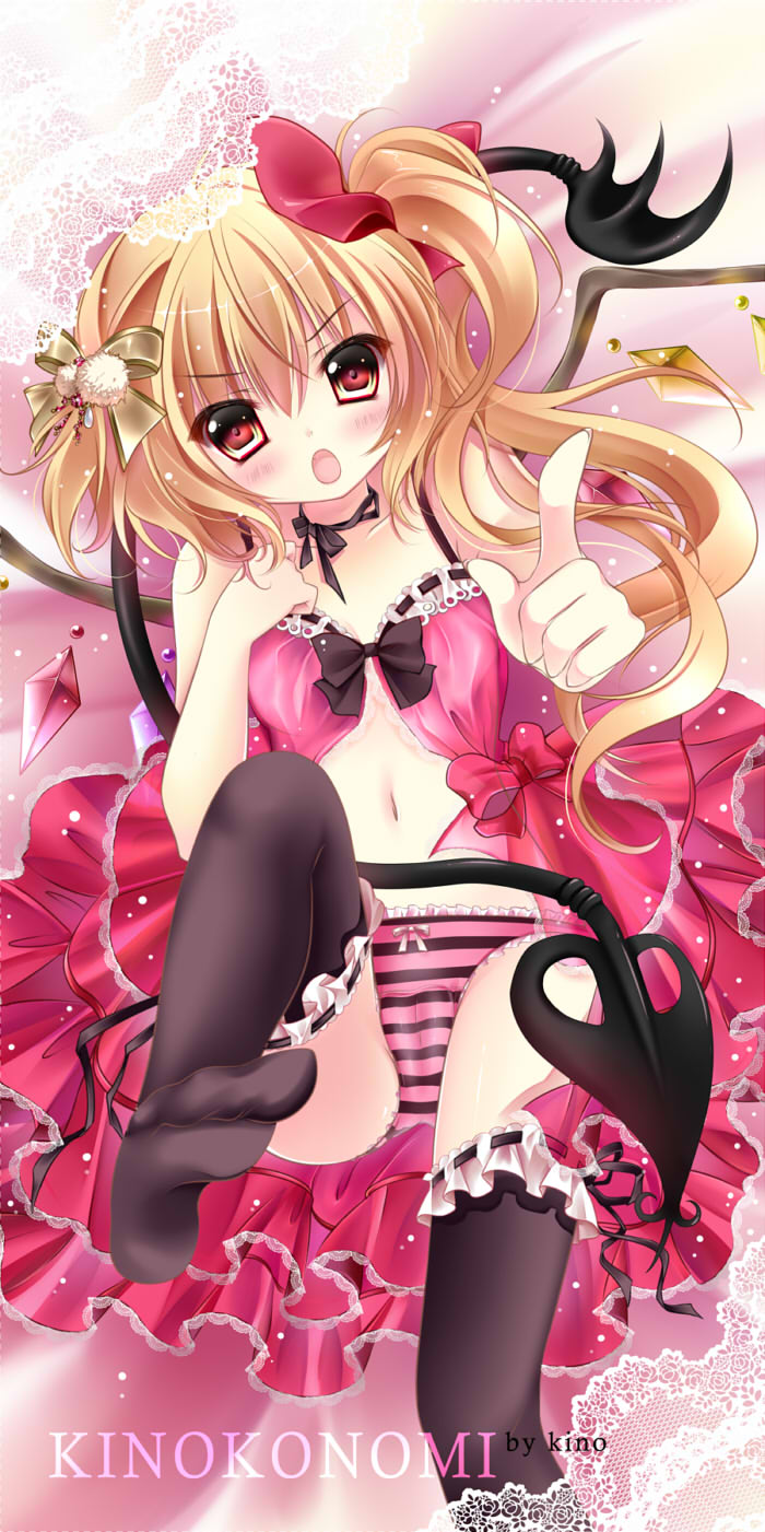 babydoll blonde_hair cameltoe cover cover_page doujin_cover feet flandre_scarlet frown hair_ornament hands highres kino_(kino_konomi) laevatein panties pointing ponytail red_eyes short_hair side_ponytail solo striped striped_panties thighhighs touhou underwear wings