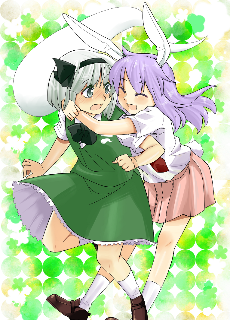 animal_ears blue_eyes blush bunny_ears closed_eyes embarrassed happy hug hug_from_behind konpaku_youmu konpaku_youmu_(ghost) koyama_shigeru long_hair multiple_girls purple_hair reisen_udongein_inaba shirt short_hair silver_hair smile touhou