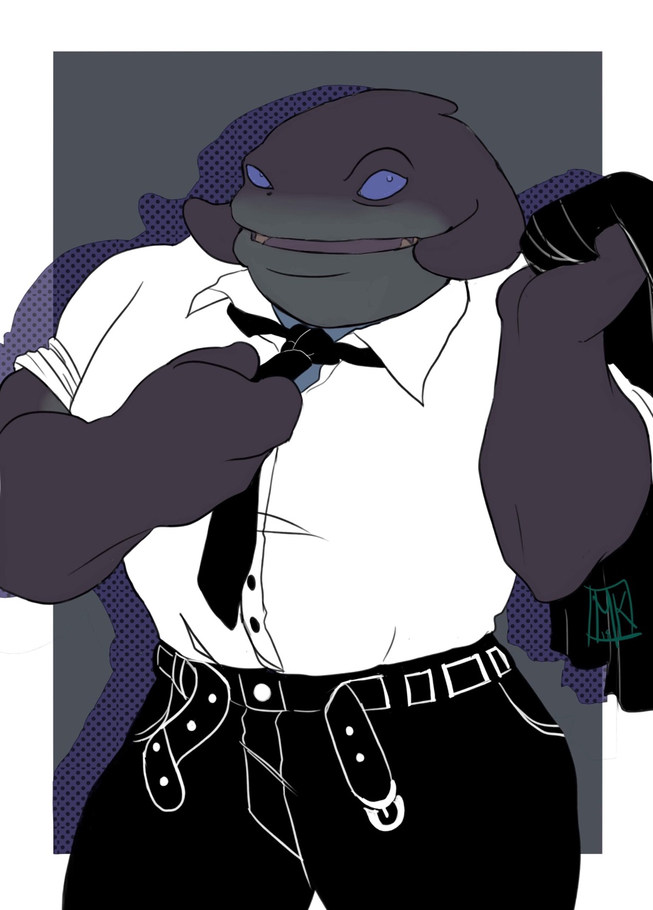 2019 3_fingers alien belt blue_eyes clothed clothing disney gantu grey_skin hi_res lilo_and_stitch looking_at_viewer male mcgogogadget muscular necktie open_mouth open_smile smile solo