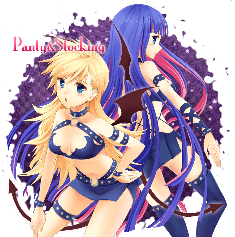 bad_id bad_pixiv_id blonde_hair blue_eyes bracelet choker cosplay jewelry multicolored_hair multiple_girls o-ring o-ring_top panty_&amp;_stocking_with_garterbelt panty_(psg) pink_hair purple_hair shiramori_yuse siblings sisters spiked_bracelet spikes stocking_(psg) tail thighhighs two-tone_hair wings