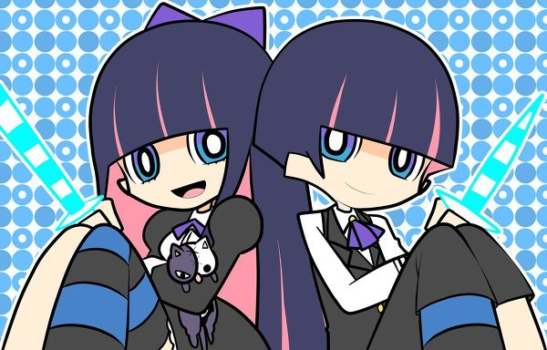 blue_eyes dual_persona formal genderswap gothic_lolita knife lolita_fashion long_hair multicolored_hair necktie open_mouth panty_&amp;_stocking_with_garterbelt pink_hair purple_hair short_hair sitting smile stocking_(character) stocking_(psg) suit sword tie weapon