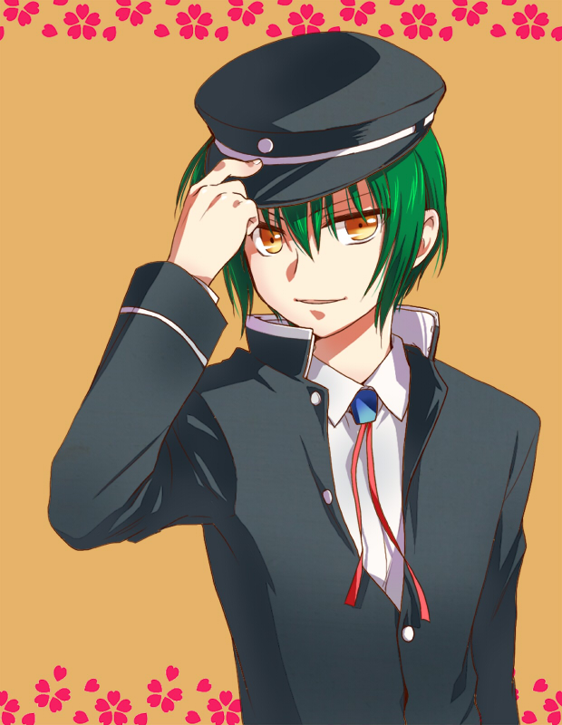 adjusting_clothes adjusting_hat angel_beats! green_hair hat male_focus misaki_juri naoi_ayato school_uniform solo yellow_eyes