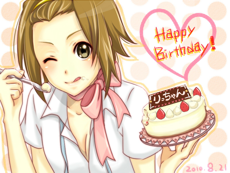 ;q bad_id bad_pixiv_id bow breasts brown_eyes brown_hair cake cleavage food fork hairband happy_birthday heart k-on! mine_rakkyo one_eye_closed open_clothes open_shirt shirt small_breasts solo tainaka_ritsu tongue tongue_out