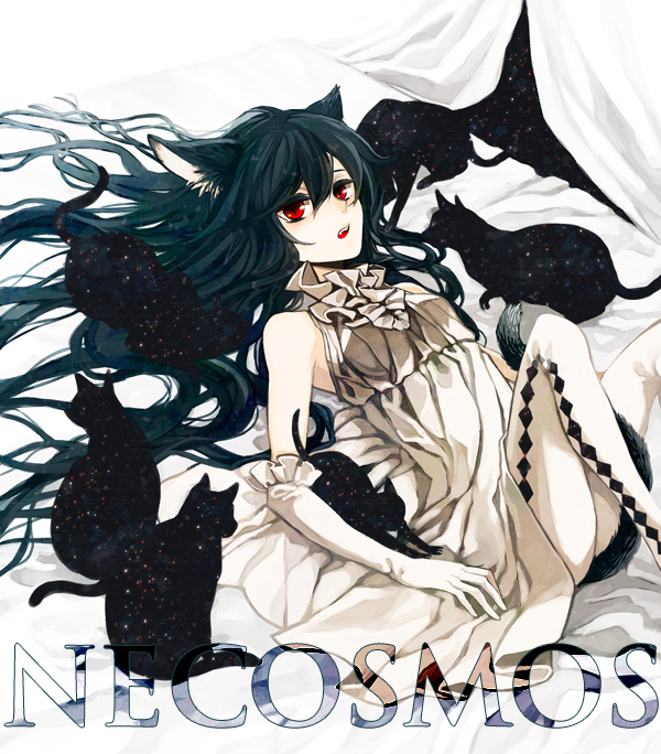 animal_ears bed black_hair cat cat_ears cat_tail dress elbow_gloves gloves kyra long_hair lying night night_sky on_back original pantyhose red_eyes sky sleeveless solo star surreal tail too_many too_many_cats very_long_hair