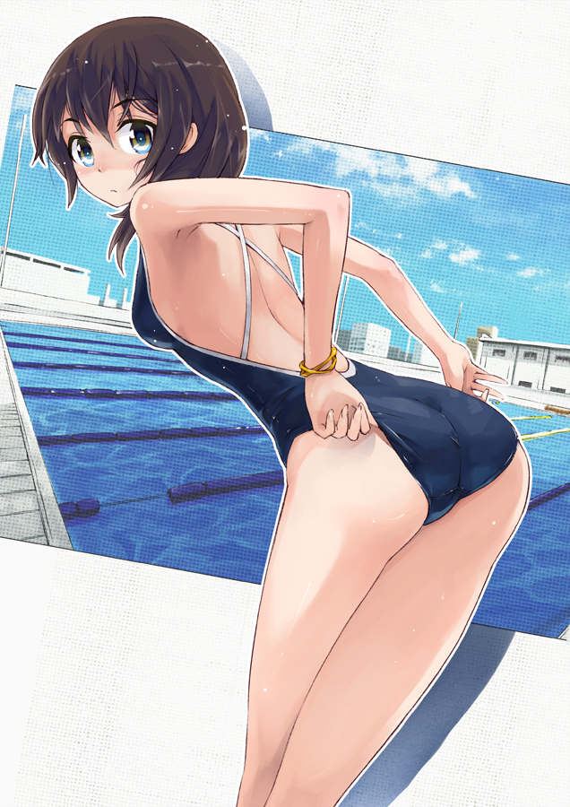 adjusting_clothes adjusting_swimsuit armpits ass bad_id bad_pixiv_id black_hair blue_eyes brown_eyes brown_hair competition_school_swimsuit crossed_legs lane_line leaning_forward long_hair looking_back maeda_risou one-piece_swimsuit original pool school_swimsuit short_hair solo standing swimsuit