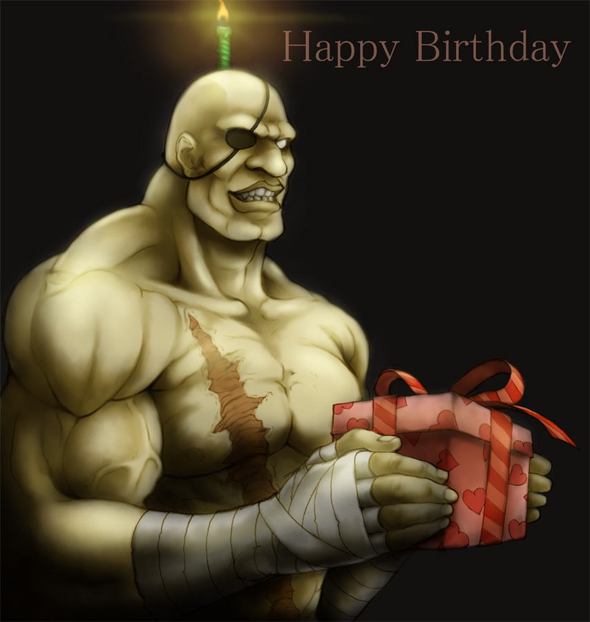 bandages birthday candle eyepatch gift happy_birthday holding holding_gift male_focus muscle sagat scar shirtless smile solo street_fighter toshi