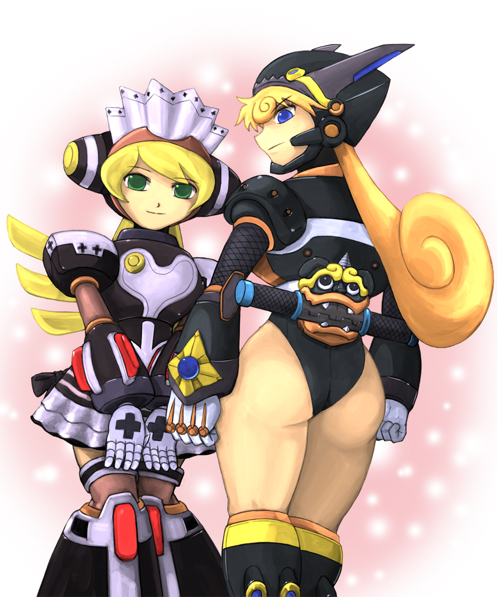 alternate_color android ass blonde_hair blue_eyes cinnamon clenched_hands eyebrows eyebrows_visible_through_hair green_eyes highres long_hair looking_at_viewer maid marino multiple_girls ninja rockman rockman_x rockman_x_command_mission thighhighs tks_(ebox)