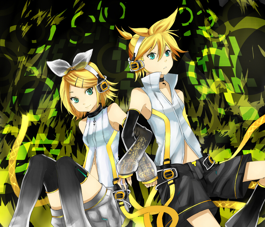 1girl aqua_eyes arm_warmers blonde_hair brother_and_sister detached_sleeves eiji_(eiji) hair_ornament hair_ribbon hairclip headphones kagamine_len kagamine_len_(append) kagamine_rin kagamine_rin_(append) leg_warmers ribbon short_hair shorts siblings smile thighhighs twins vocaloid vocaloid_append