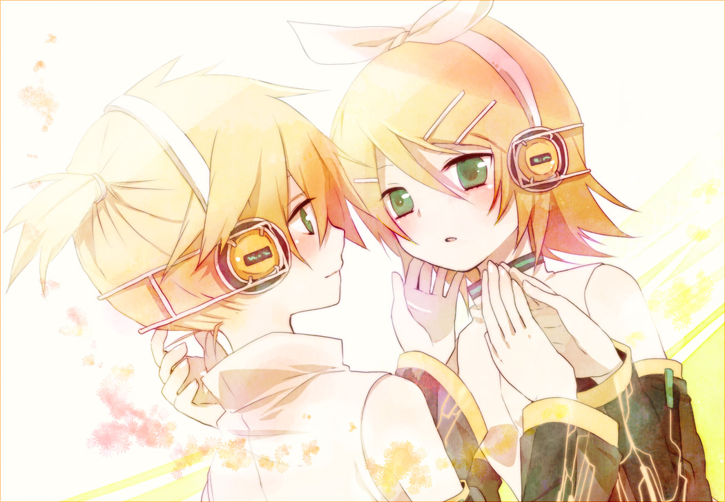 1girl am_(going_nowhere) bad_id bad_pixiv_id blonde_hair brother_and_sister detached_sleeves hair_ornament hair_ribbon hairclip headphones kagamine_len kagamine_len_(append) kagamine_rin kagamine_rin_(append) ribbon short_hair siblings twins vocaloid vocaloid_append