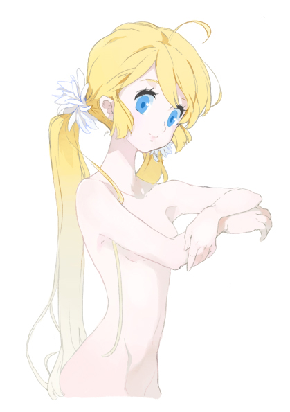 ahoge bad_id bad_pixiv_id blonde_hair blue_eyes face long_hair low_twintails nude original riqurr simple_background smile solo twintails