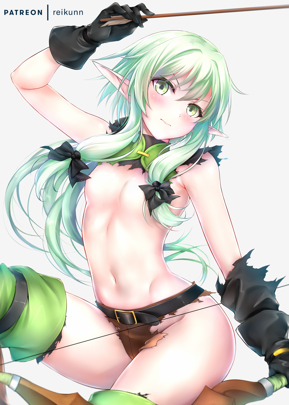 arm_up arrow artist_name belt black_bow blush boots bow bow_(weapon) breasts convenient_censoring elf eyebrows_visible_through_hair gloves goblin_slayer! green_eyes green_hair hair_bow hair_censor hair_over_breasts hair_ribbon high_elf_archer_(goblin_slayer!) highres holding holding_arrow holding_bow_(weapon) holding_weapon long_hair looking_at_viewer navel one_knee patreon_username pointy_ears rei_kun revision ribbon shorts sidelocks simple_background small_breasts smile solo stomach thigh_boots thighhighs torn_clothes tress_ribbon weapon