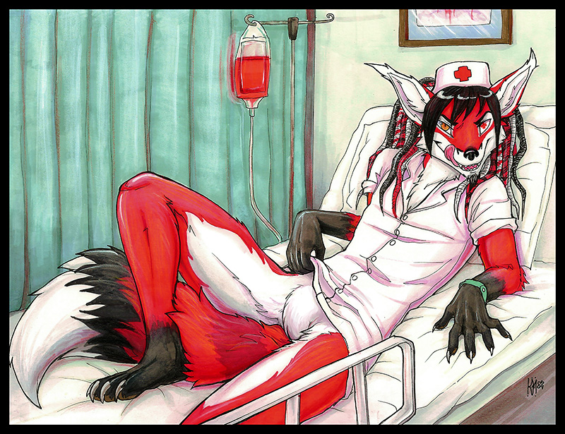 2009 ambiguous_gender bed blood bottomless bracelet canine chest_tuft claws fox fuzzy_crotch hospital iv jewelry looking_at_viewer nurse renard solo squeedgemonster tail yellow_eyes